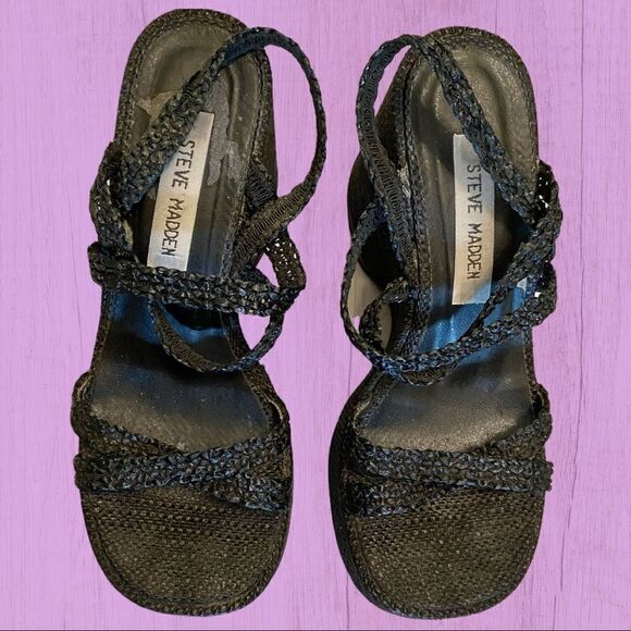 Vintage 90s Steve Madden chunky black square toe platform strappy sandals - Picture 3 of 7